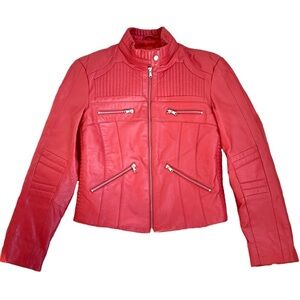 Red Leather Moto Jacket, Oscar Leopold, Quilted Lining, Women’s Sz Large